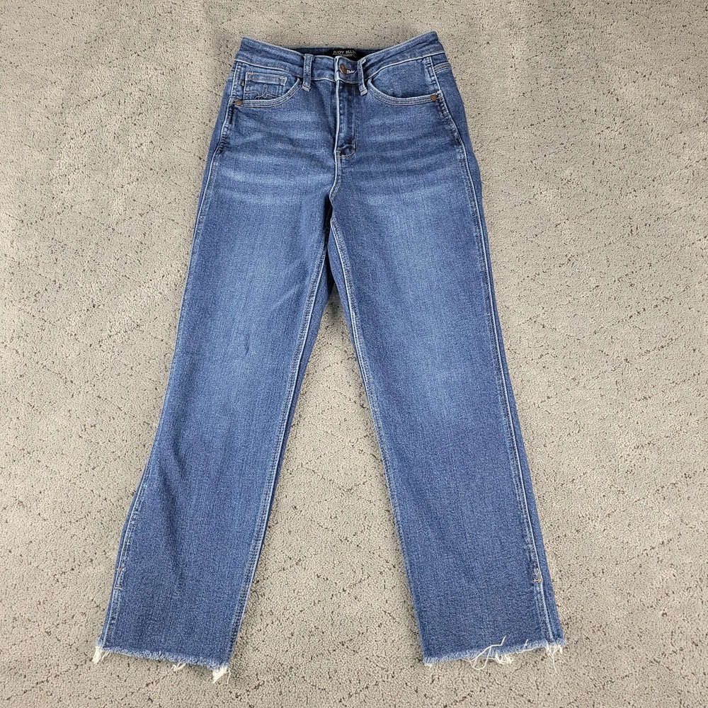 Judy Blue Jeans Womens 3/26 Blue Cropped Straight Leg Whisker Raw Hem Stretch